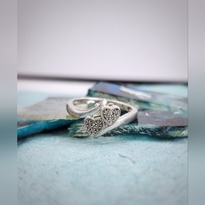 Sterling Silver Ring, Double Hearts Bypass Ring, Marked 925, Size 7 1/4
